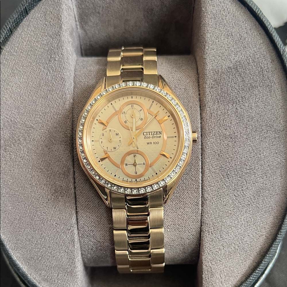 Citizen Gold-Tone Eco-Drive Watch with Crystal Bezel